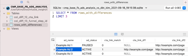 Screenshot of sql_data_compare showing rows with differences